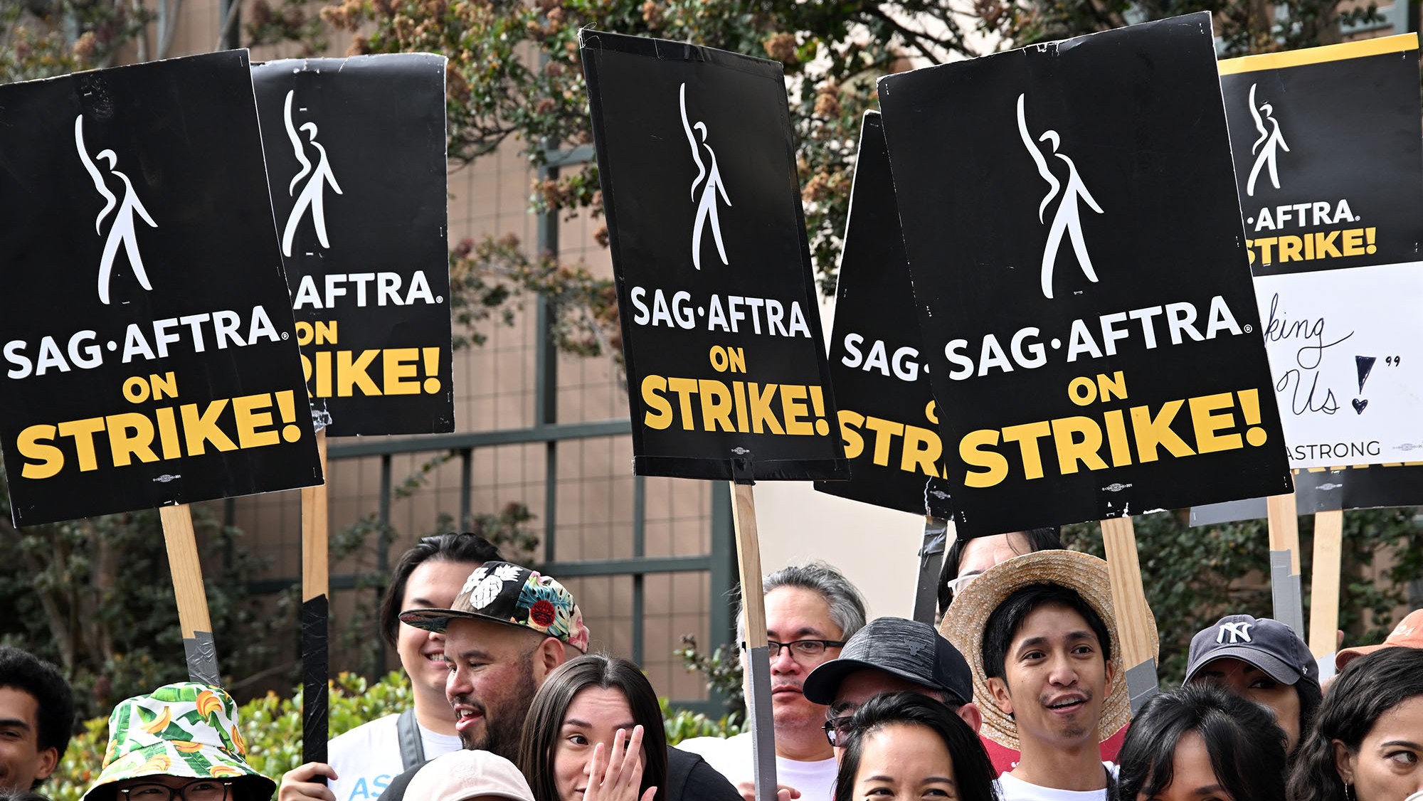 A shot of strikers' signage at the SAG-AFTRA picket lines on October 10, 2023 in Los Angeles, California.